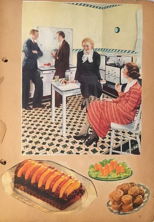A page from my grandmother's scrapbook. A large colored painting of two couples mingling in a kitchen is the largest image but there are also pasted images of jellied salad and muffins.
