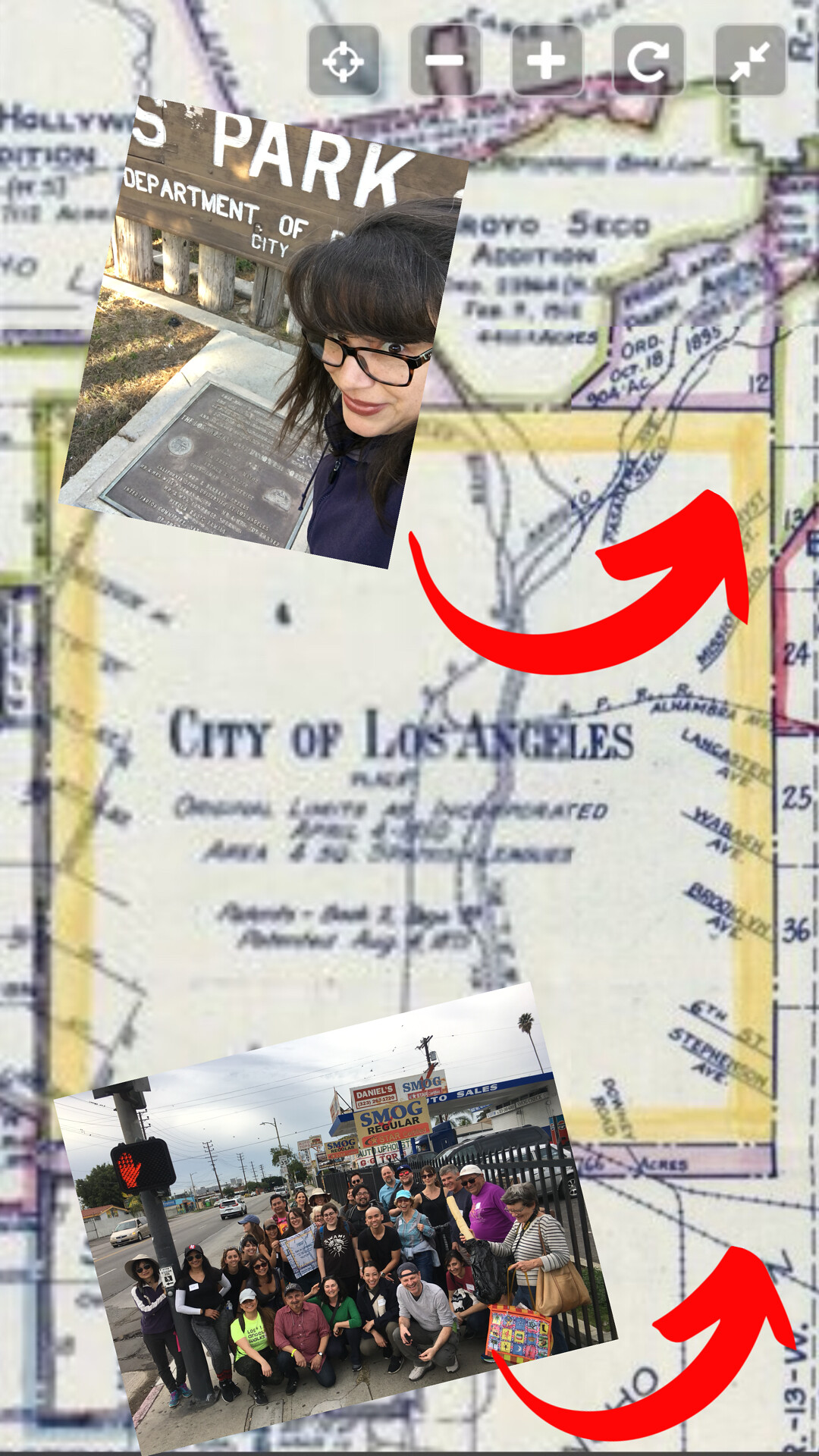Map of Los Angeles with two photos of the walking tour that show the start and end of the 8-mile walk..
