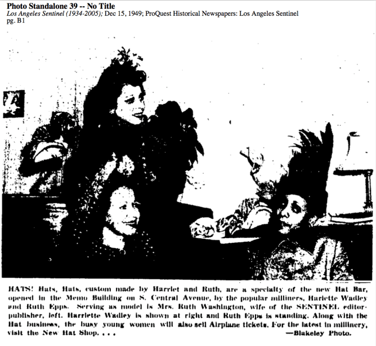 Newspaper article (1949) announcing Harriet Wadley's Hat Shop