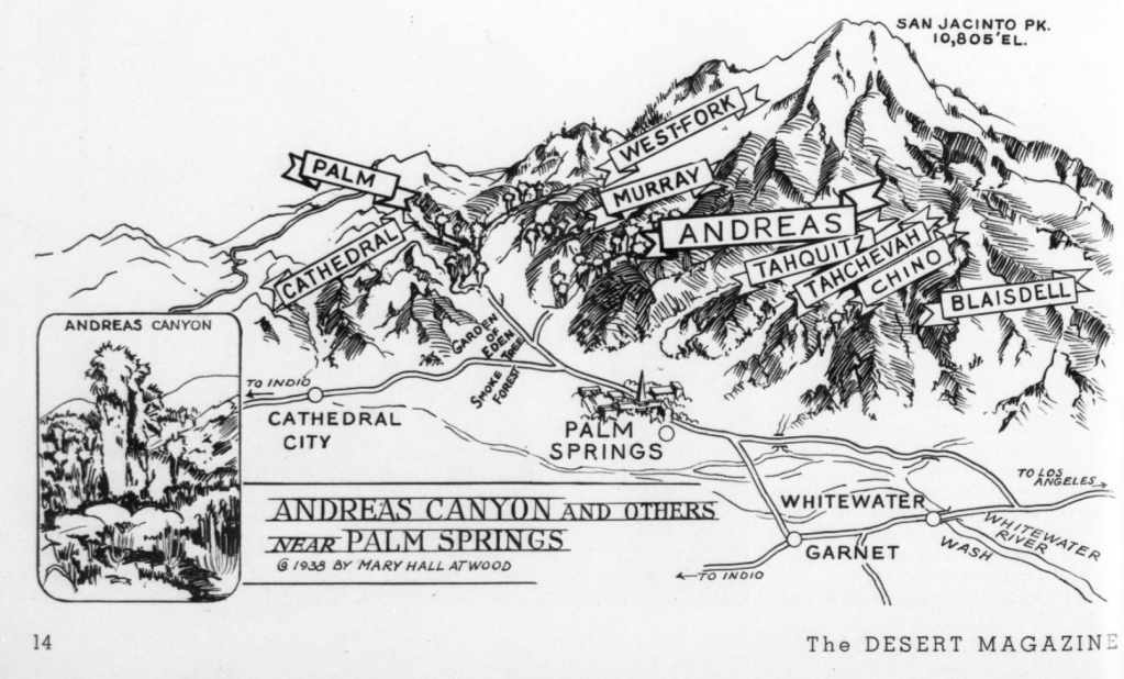 This 1938 map of the Coachella Valley was published in Desert Magazine, available on the Internet Archive.