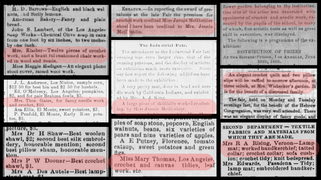 Six different clips from Los Angeles newspapers from the 1860s and 1870s. There are pink highlights over the mentions of women's crochet work.