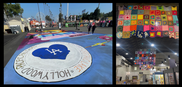 Two photos taken at the 2025 LA County Fair. One photo shows the huge mural painted on the ground of the fair. The second shows the crocheted tapestries hanging from the ceiling of the Home Arts building.