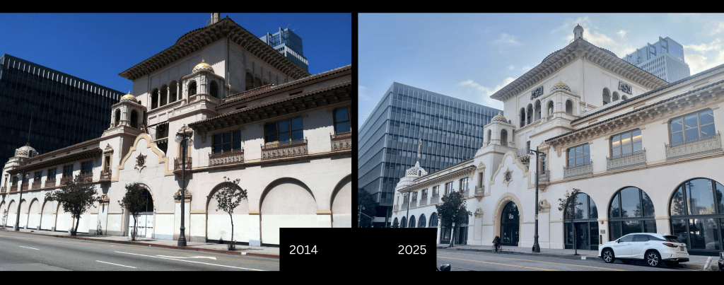 Two views of the historic Los Angeles Herald Examiner Building -- one from 2014 and one from 2025.
