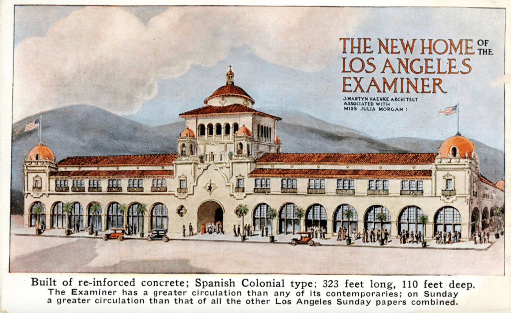Colorful postcard view of the Herald Examiner Building from San Diego State University Archives.