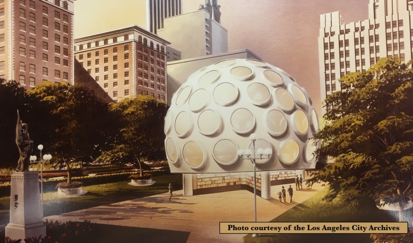 Architectural rendering of Buckminster Fuller's Fly's Eye Dome in downtown's Pershing Square, Los Angeles.